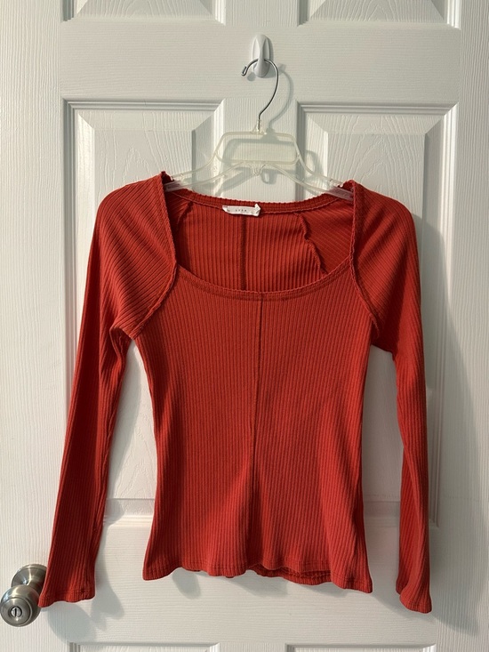 Lush Tops - Ribbed Long-Sleeve Square Neck Top - Red Clay